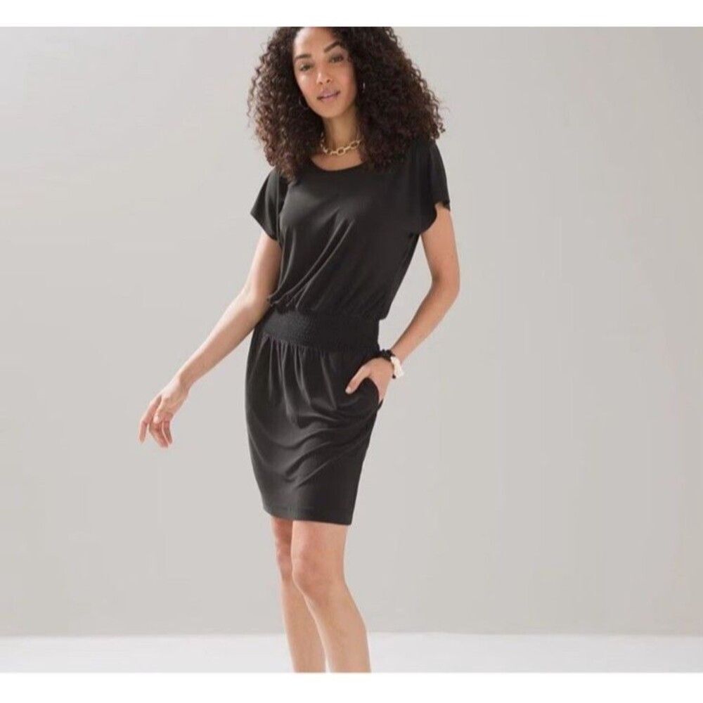 White House Black Market Black Smocked Jersey Mini Dress Women’s XS Cap Sleeve